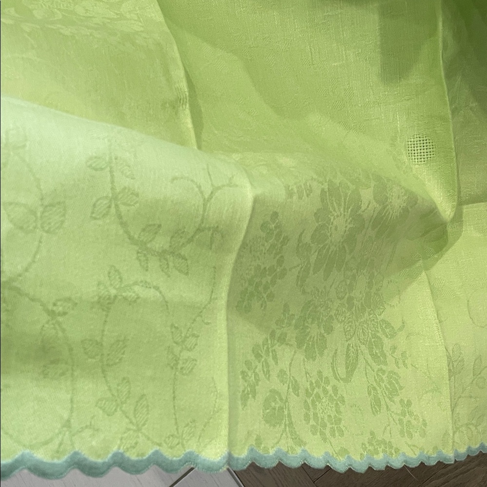 Vintage Italian Pure Linen Tablecloth Olive Lime Green Floral Sky Blue Edge